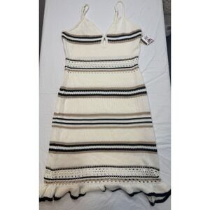 Madden NYC Striped Knit Midi Dress Tan Black White Spaghetti Strap Ruffle Hem M